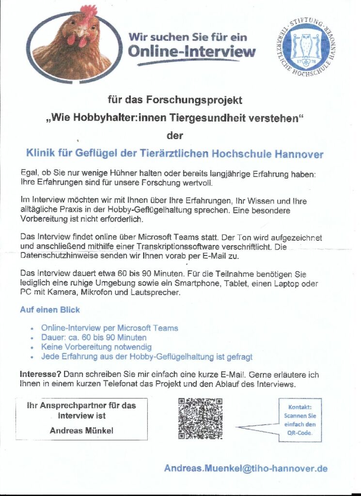 Flyer der TiHo Hannover: Wir suchen Sie für ein Online-Interview zum Forschungsprojekt „Wie Hobbyhalter:innen Tiergesundheit verstehen“